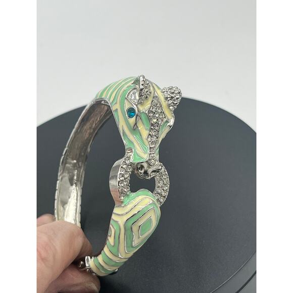 Mint and Cream Zebra with Stripes Hinged Rhinestone Blue Eyes Bangle Bracelet - Picture 5 of 12